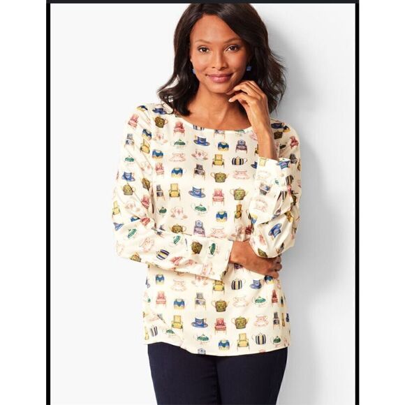 Talbots long sleeve Novelty top tea cup and chair print SP - Picture 1 of 7